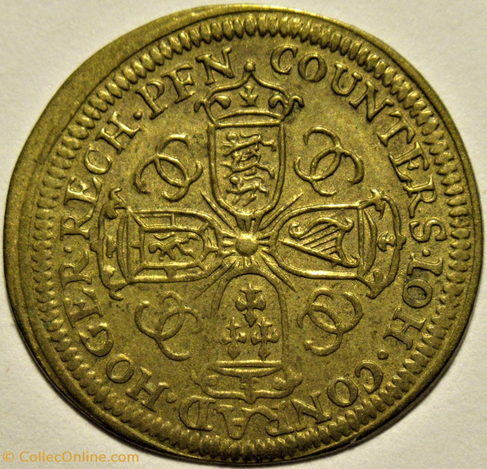 c.1705 Queen Anne Stuart - Token, Reichspfennig by J.K. Hoger 3 monnaies paranumismatique jetons poids c 1705 queen anne stuart token reichspfennig by j k hoger