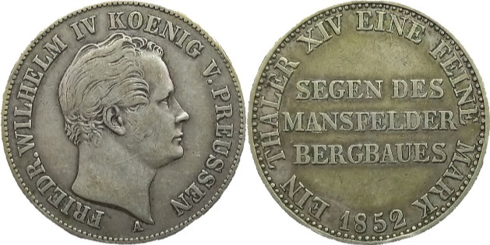 Friedrich Wilhelm IV - 1 Mining Thaler 1852, Kingdom of Prussia monnaies europe medievale saint empire romain germanique friedrich wilhelm iv 1 mining thaler 1852 kingdom of prussia