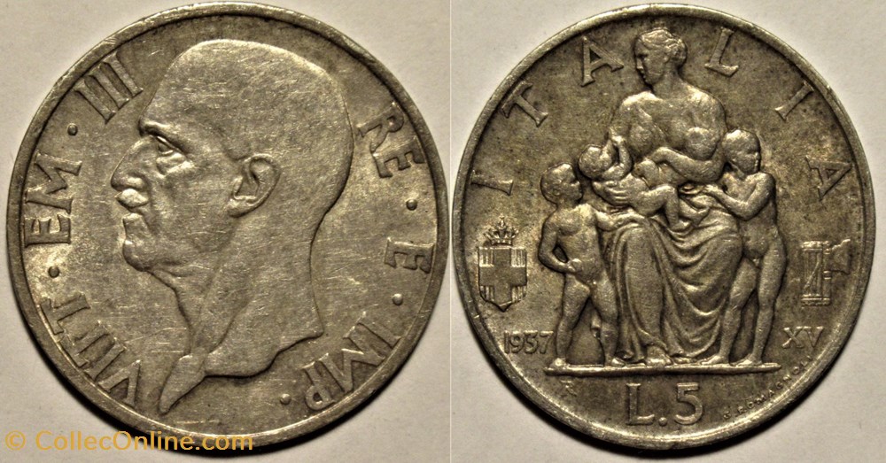 1937 Royaume d'Italie, 5 Lire, Roma - Vittorio Emanuele III monnaies monde 1937 royaume italie 5 lire roma vittorio emanuele iii