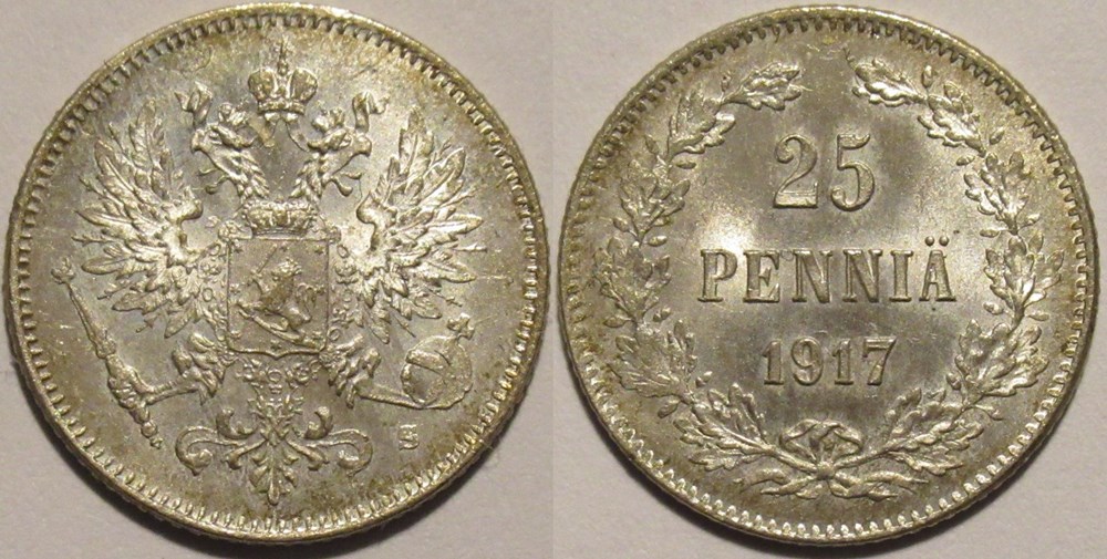 Nicholas II of Russia - 25 Penniä 1917, Grand Duchy of Finland monnaies monde finlande nicholas ii of russia 25 pennia 1917 grand duchy of finland