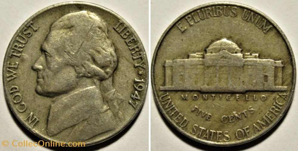 1947 Five Cents Jefferson, Philadelphia (1st Portrait) monnaies monde etats unis 1947 five cents jefferson philadelphia 1st portrait