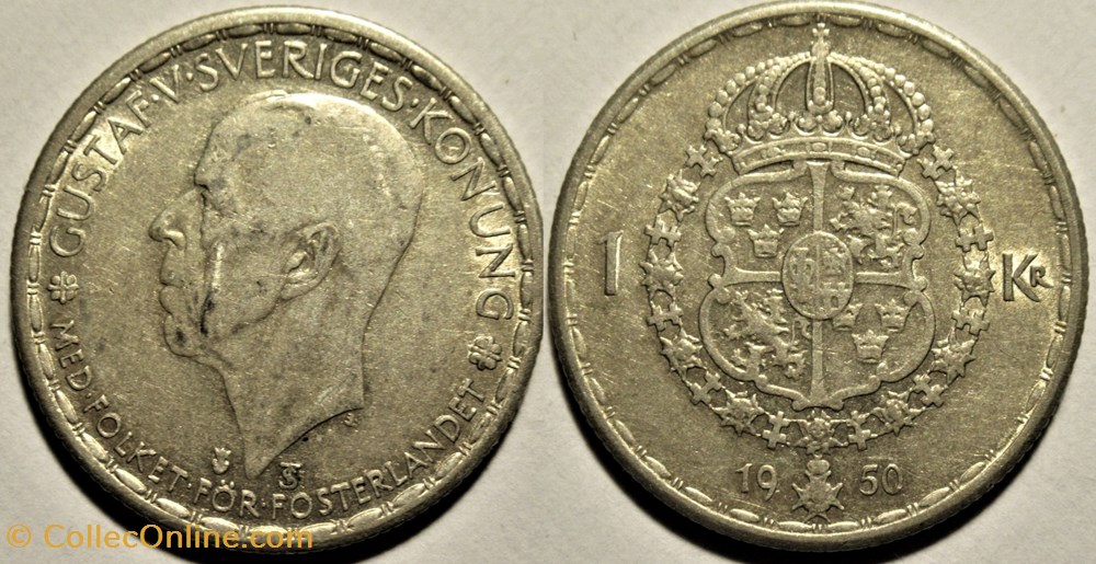 Gustaf V of Sweden - 1 Krona 1950 monnaies monde suede gustaf v of sweden 1 krona 1950