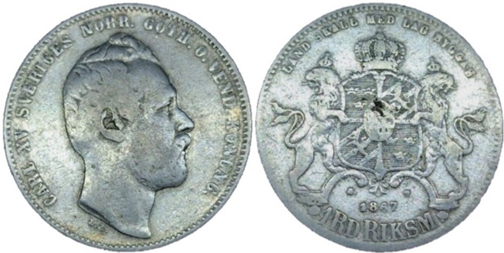 monnaies monde suede sweden carl xv 1 riksdaler riksmynt 1867 overdate