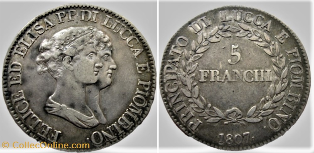 1807 Principauté de Lucca & Piombino, 5 Franchi - Felix & Elisa Napoleon monnaies monde italie 1807 principaute de lucca piombino 5 franchi felix elisa napoleon