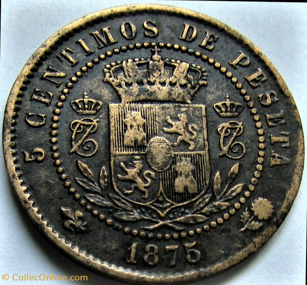 1875 - 5 Centimos - Carlos VII de España (Pretendiente Carlista) 3 monnaies monde espagne 1875 5 centimos carlos vii de espana pretendiente carlista