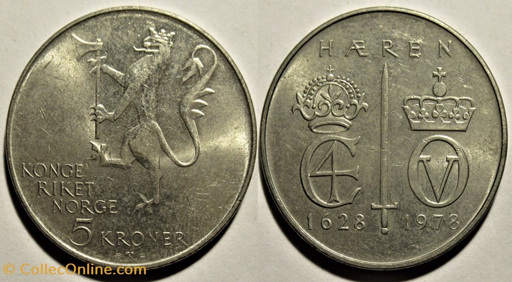 Olav V of Norway - 5 Kroner 1628-1978 - Anniversary of Norwegian Army monnaies monde norvege olav v of norway 5 kroner 1628 1978 anniversary of norwegian army