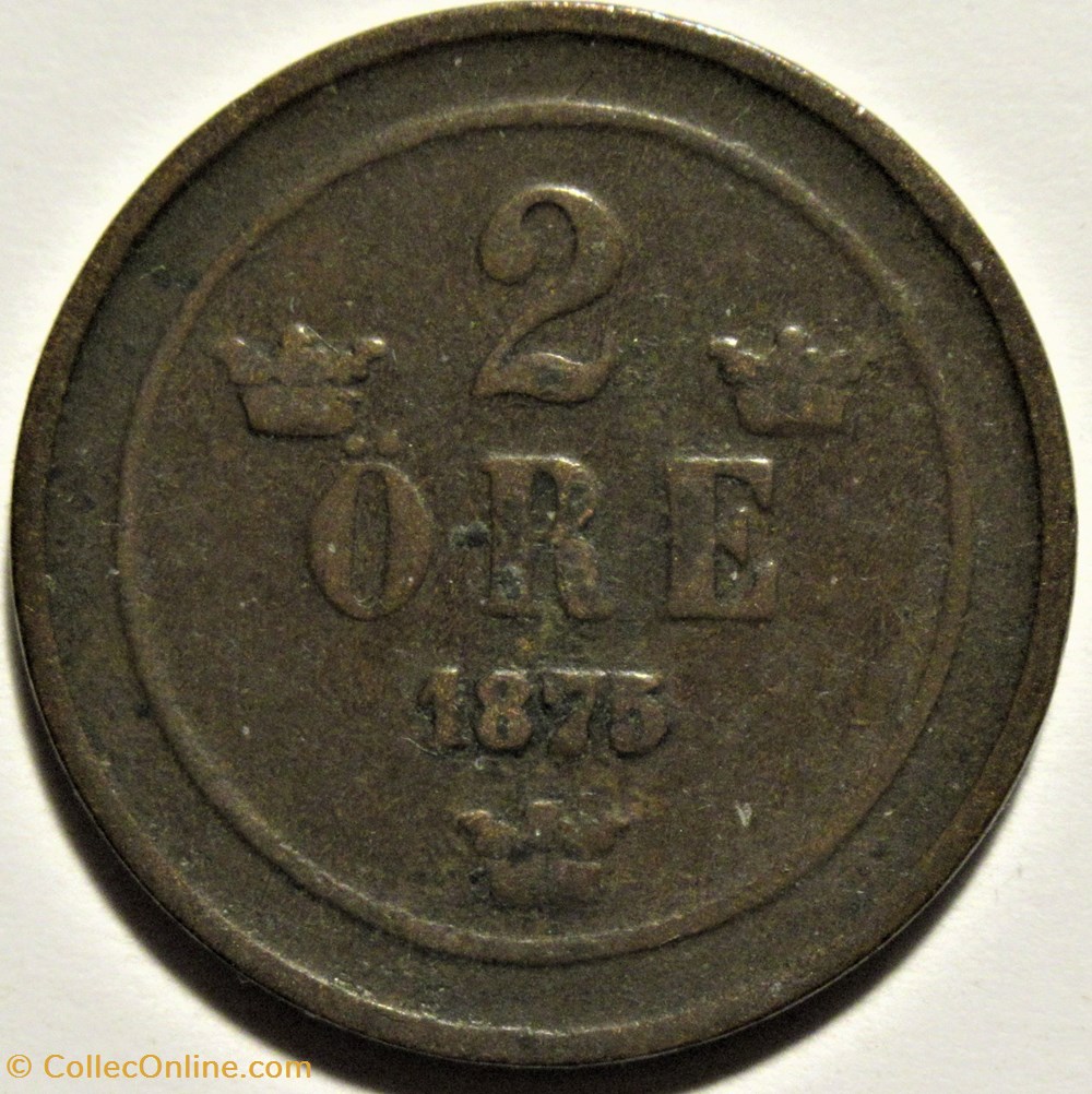 Sweden - Oskar II - 2 Öre 1875/74 - Overdate 3 monnaies monde suede sweden oskar ii 2 ore 1875 74 overdate