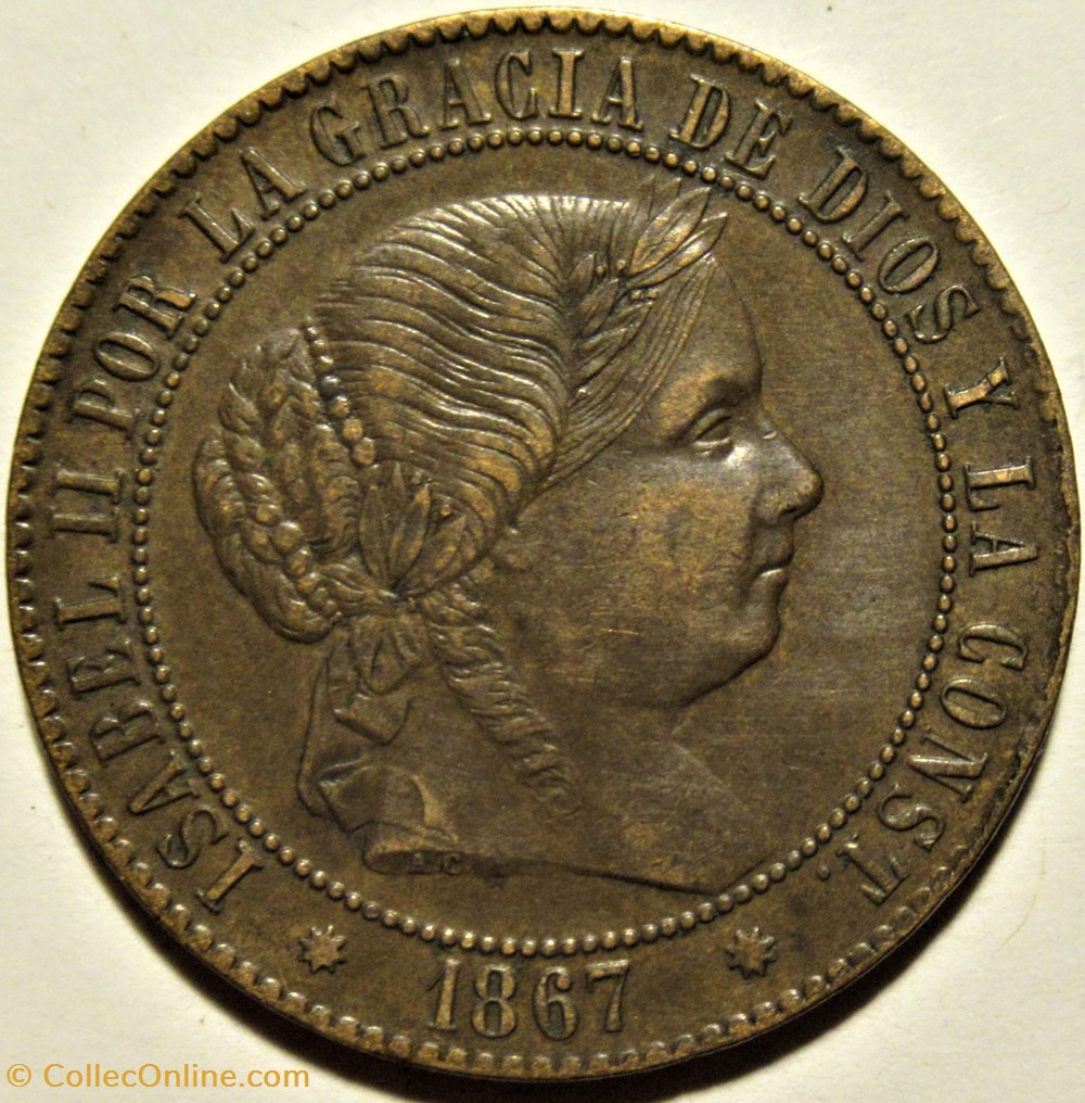 1867 Barcelona - 2½ Centimos - Isabel II España 2 monnaies monde espagne 1867 barcelona 2 centimos isabel ii espana