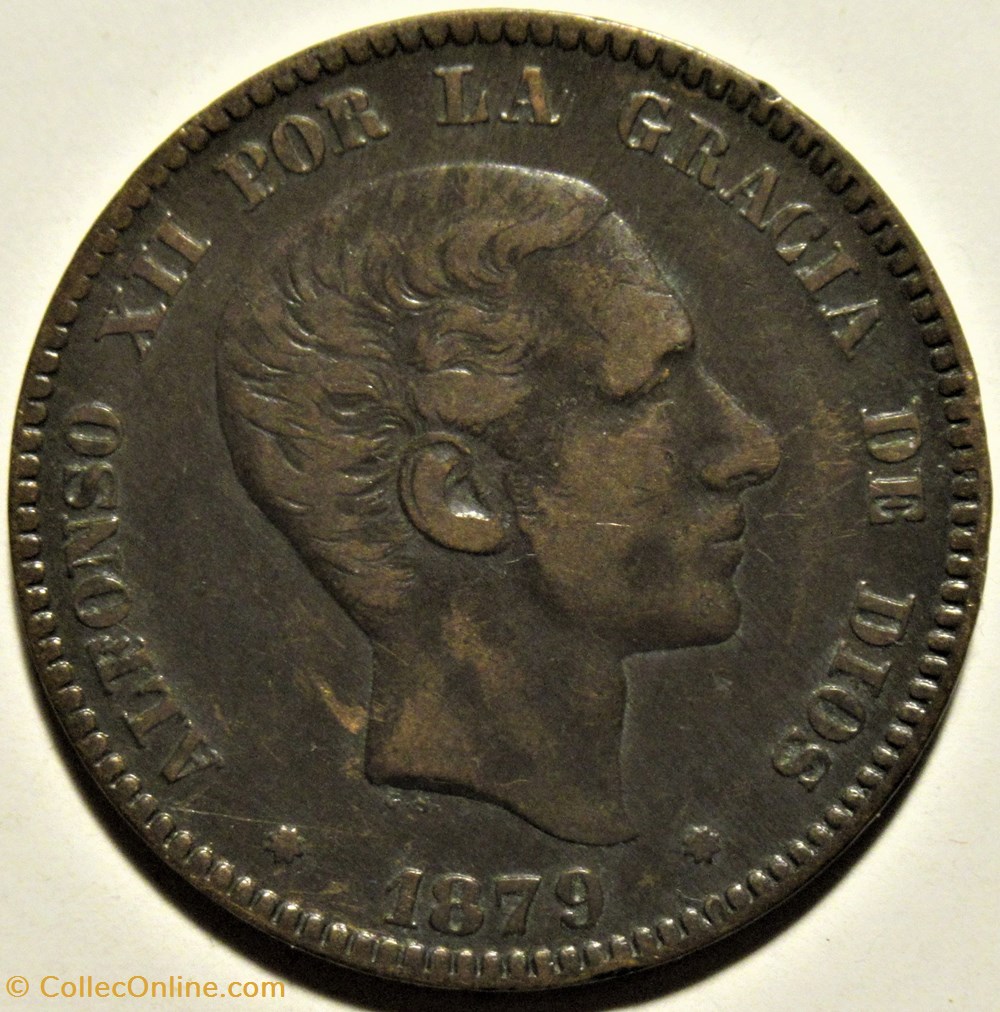 1879 - Barcelona 10 Centimos - Alfonso XII de España (ex.2) Repunched Date 2 monnaies monde espagne 1879 barcelona 10 centimos alfonso xii de espana ex 2 repunched date