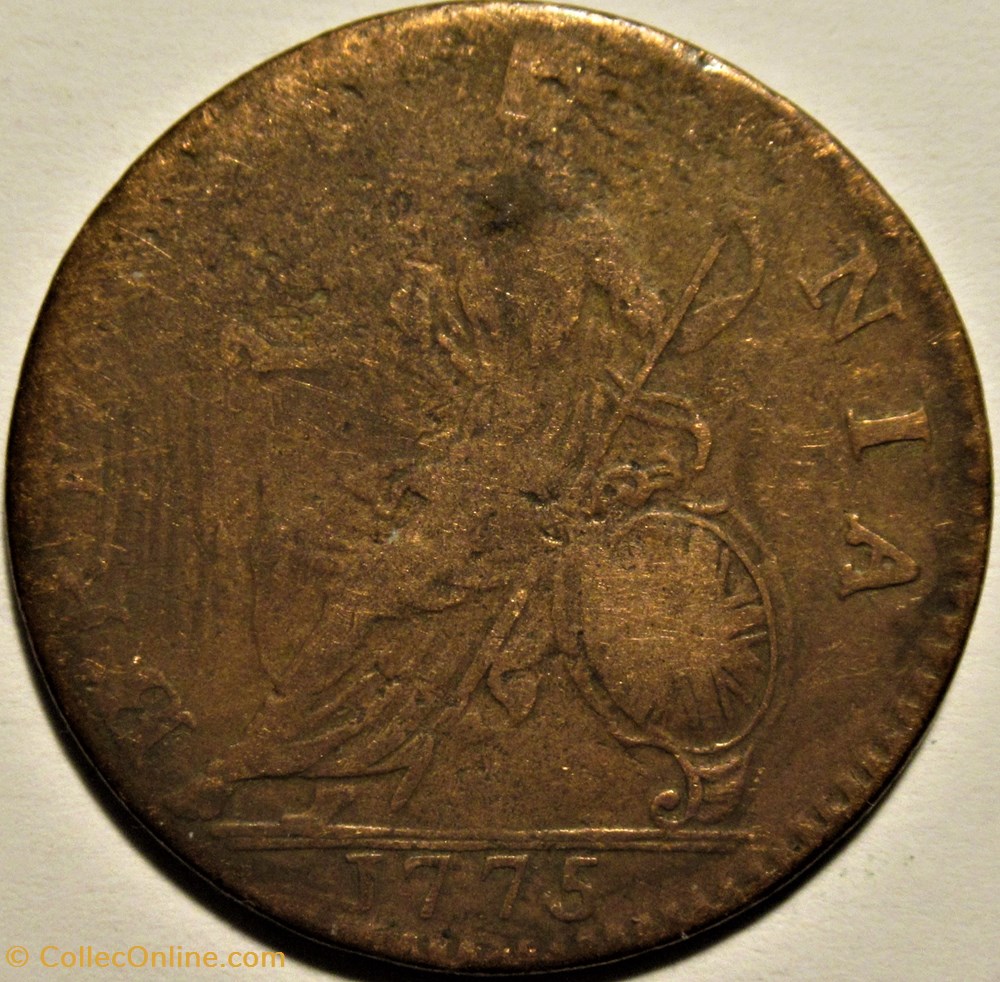 1775 Half Penny No Regal - George III of Great Britain (ex.15) monnaies monde etats unis 1775 half penny no regal george iii of great britain ex 15