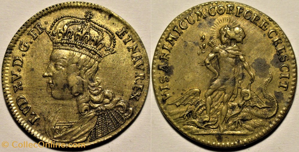 Louis XV - ca.1722, Jeton "Apollon terrassant le dragon" monnaies paranumismatique jetons poids louis xv ca 1722 jeton apollon terrassant le dragon