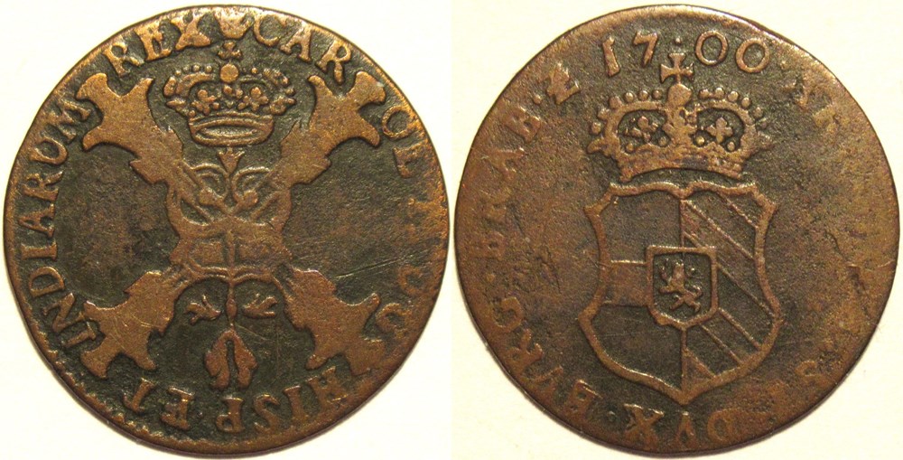 Charles II - 1/2 Liard ou Duit, 1700 Antwerp - Duchy of Brabant (2ex) monnaies europe medievale pays bas espagnols charles ii 1 2 liard ou duit 1700 antwerp duchy of brabant 2ex