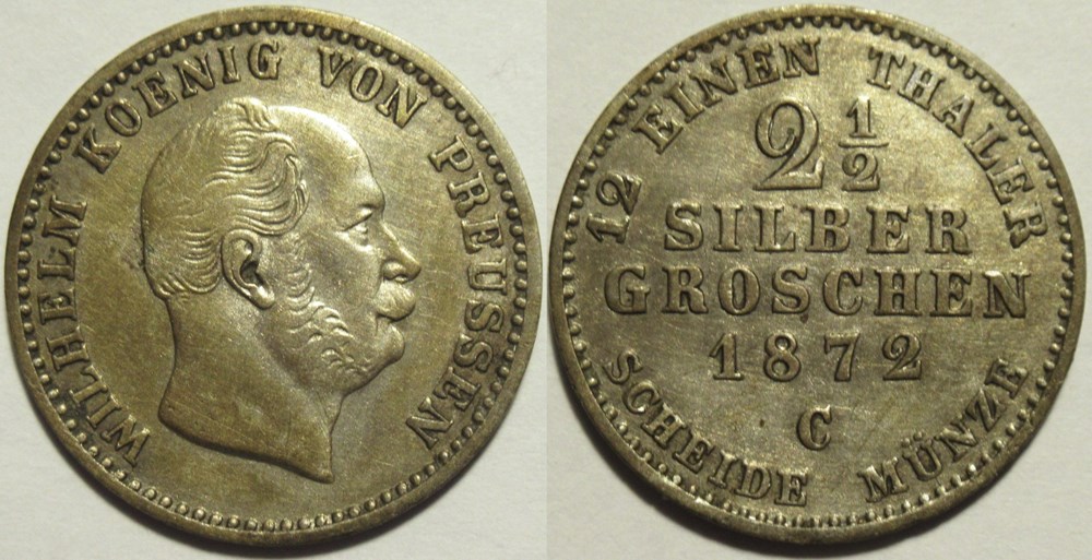 Wilhelm I - 2½ Groschen 1872, Frankfurt - Kingdom of Prussia monnaies europe medievale saint empire romain germanique wilhelm i 2 groschen 1872 frankfurt kingdom of prussia
