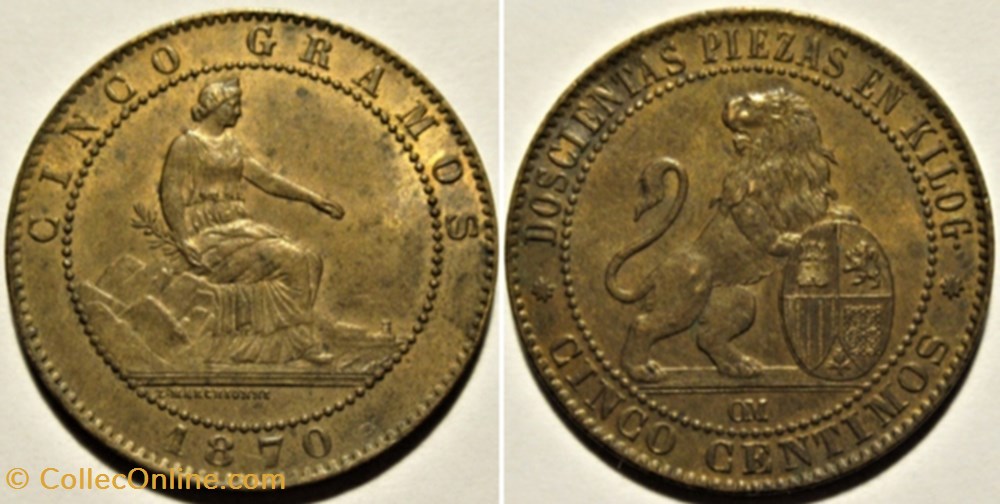 1870 - 5 Centimos - Gobierno Provisional monnaies monde espagne 1870 5 centimos gobierno provisional