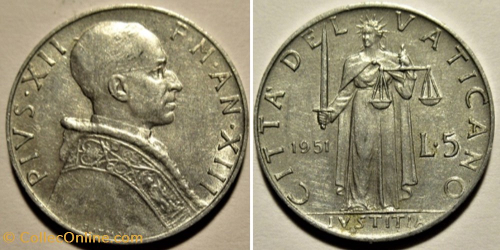 Pio XII, Papa - 5 Lire 1951, Anno XIII - Vaticano monnaies monde pio xii papa 5 lire 1951 anno xiii vaticano