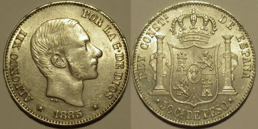 1885 Filipinas - 50 Céntimos de Peso - Alfonso XII de España (2ex.) monnaies monde philippines 1885 filipinas 50 centimos de peso alfonso xii de espana 2ex