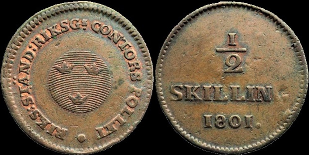 Sweden - Gustav IV Adolf - 1/2 Skilling Riksgälds 1801 monnaies monde suede sweden gustav iv adolf 1 2 skilling riksgalds 1801