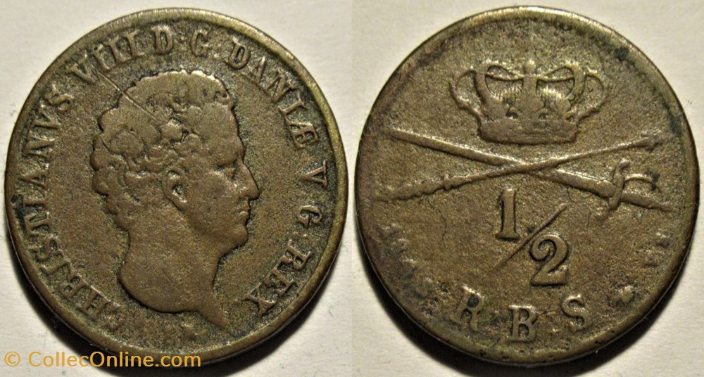 Christian VIII Denmark - ½ Rigsbankskilling 1842 monnaies monde danemark christian viii denmark rigsbankskilling 1842
