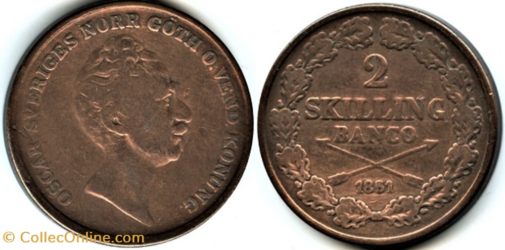 Sweden - Oscar I - 2 Skilling 1851 monnaies monde suede sweden oscar i 2 skilling 1851