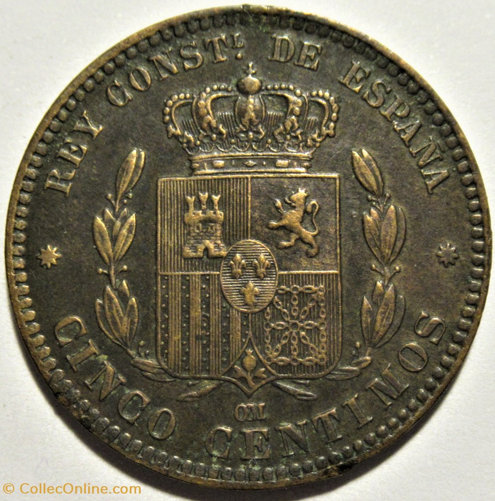 1879 - Barcelona, 5 Centimos - Alfonso XII de España (ex.2) 3 monnaies monde espagne 1879 barcelona 5 centimos alfonso xii de espana ex 2