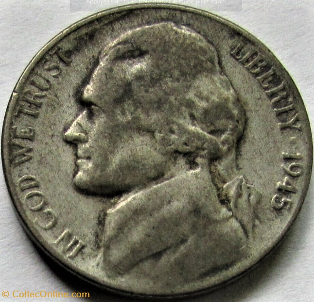 1945 Five Cents S. Francisco ("Jefferson Wartime Nickel") (ex.2) 2 monnaies monde etats unis 1945 five cents s francisco jefferson wartime nickel ex 2