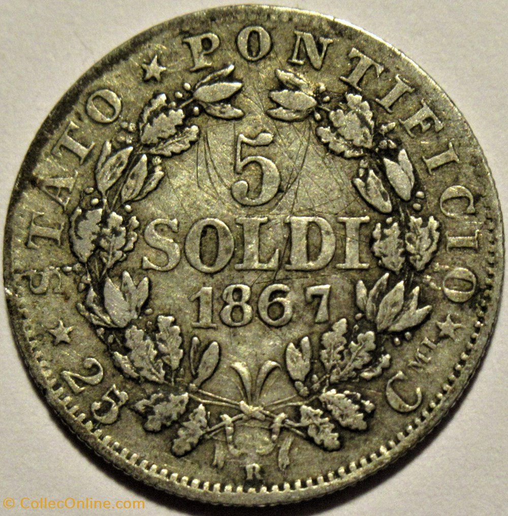 Pio IX, Pope - 5 Soldi 1867, Anno XXI - Vaticano 3 monnaies monde pio ix pope 5 soldi 1867 anno xxi vaticano