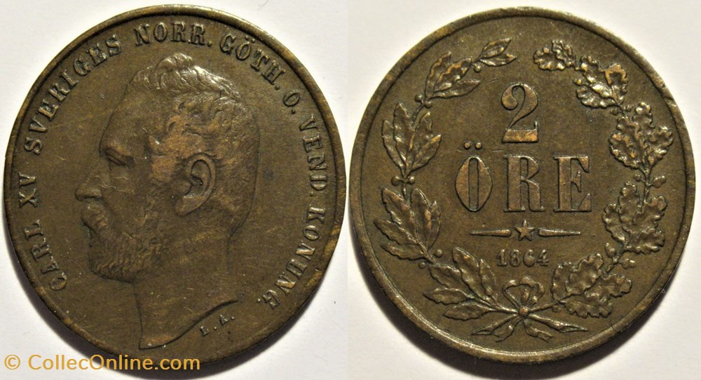 monnaies monde suede sweden karl xv 2 ore 1864