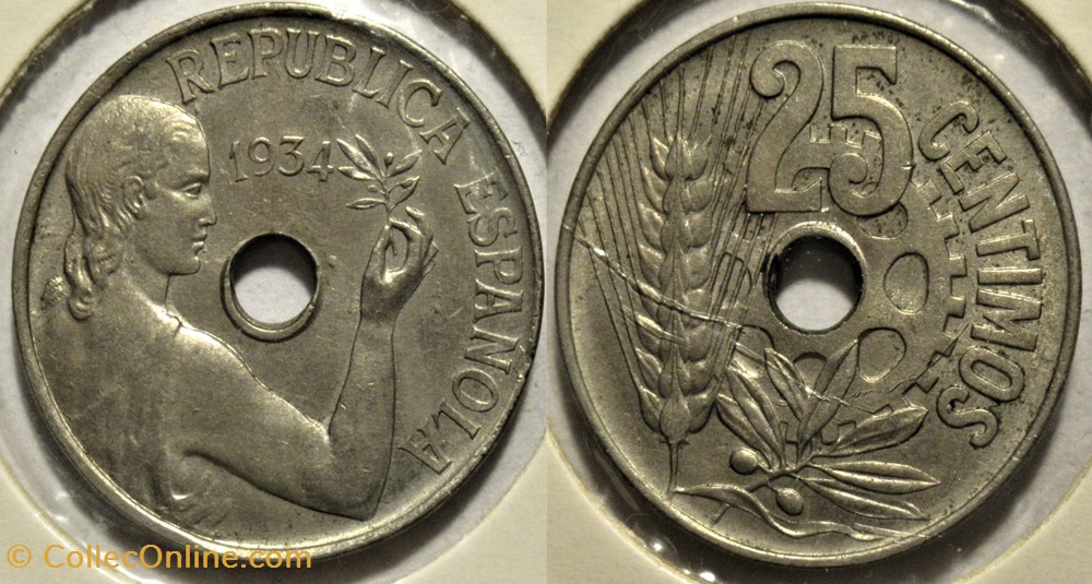 1934 - 25 Centimos - Second Republic of Spain - Error monnaies monde espagne 1934 25 centimos second republic of spain error