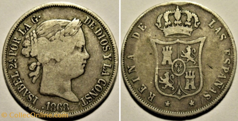1868 Filipinas - 20 Céntimos - Isabel II de España - Error monnaies monde espagne 1868 filipinas 20 centimos isabel ii de espana error