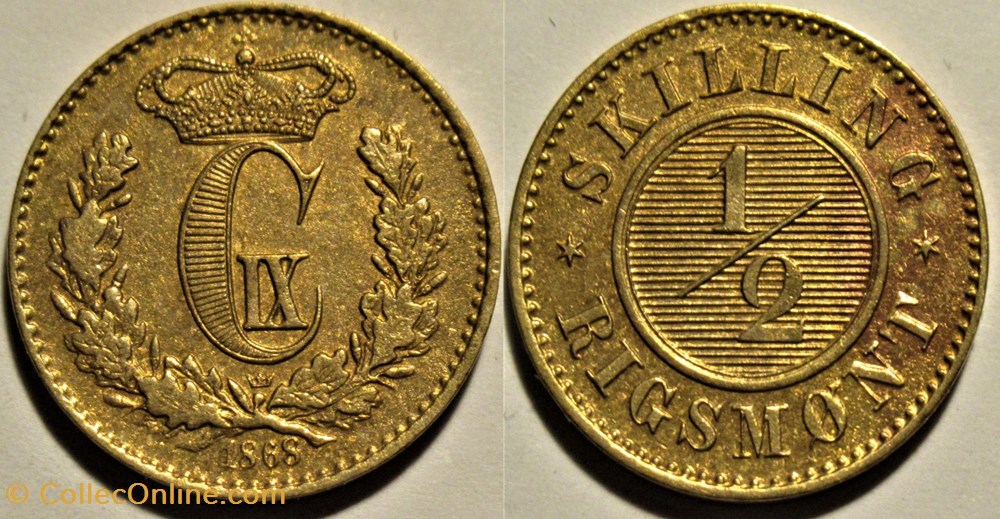 Christian IX Denmark - 1/2 Skilling Rigsmønt 1868 monnaies monde danemark christian ix denmark 1 2 skilling rigsm nt 1868
