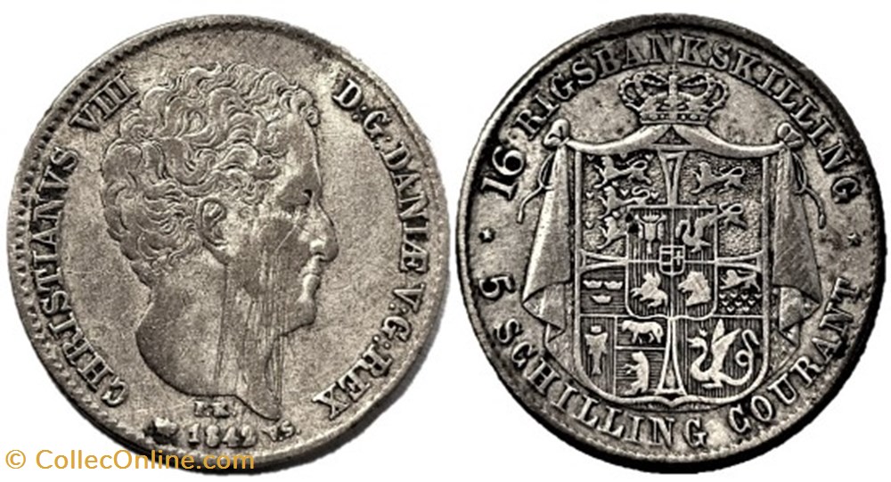 Christian VIII Denmark - 16 Rigsbankskilling / 5 Schilling Courant 1842 monnaies monde danemark christian viii denmark 16 rigsbankskilling 5 schilling courant 1842