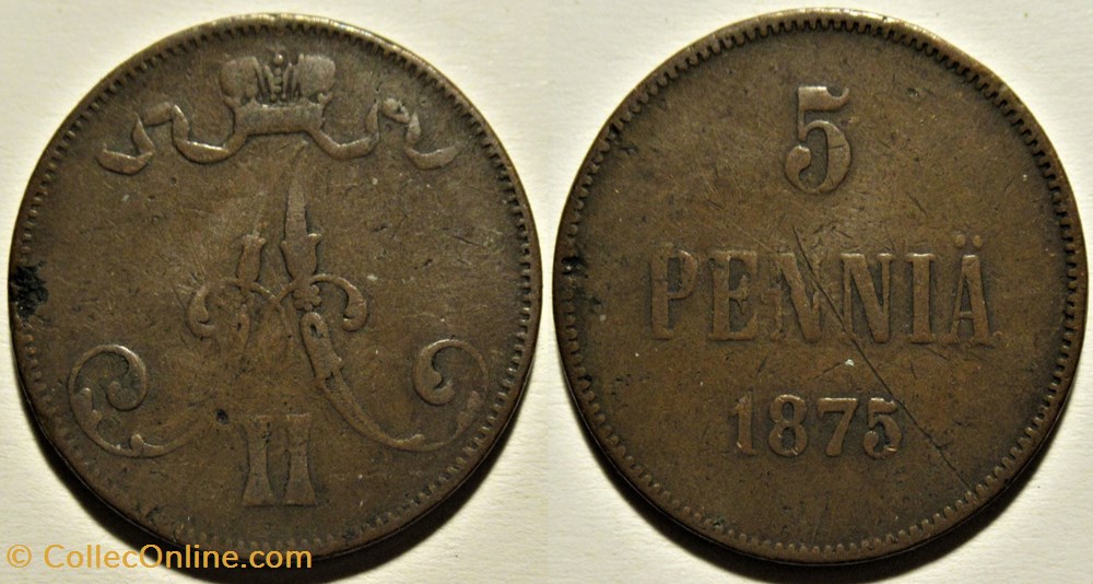 Alexander II of Russia - 5 Penniä 1875, Grand Duchy of Finland monnaies monde finlande alexander ii of russia 5 pennia 1875 grand duchy of finland