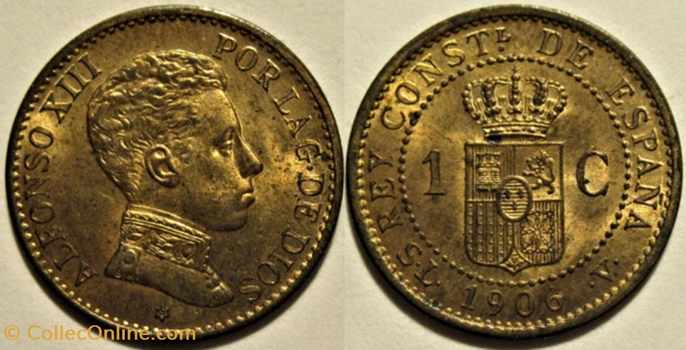 1906 - Centimo - Alfonso XIII de España (ex.2) monnaies monde espagne 1906 centimo alfonso xiii de espana ex 2