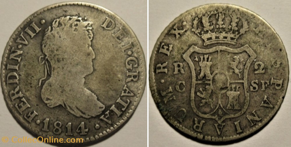 1814 Cataluña - 2 Reales - Fernando VII de España monnaies monde espagne 1814 cataluna 2 reales fernando vii de espana