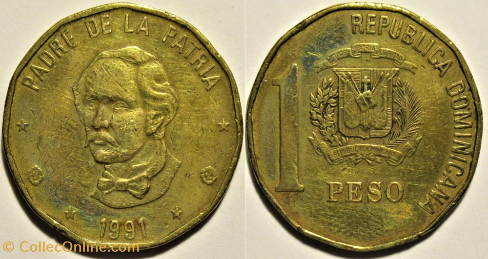 Dominican Republic - 1 Peso 1991, Juan Pablo Duarte monnaies monde dominique dominican republic 1 peso 1991 juan pablo duarte