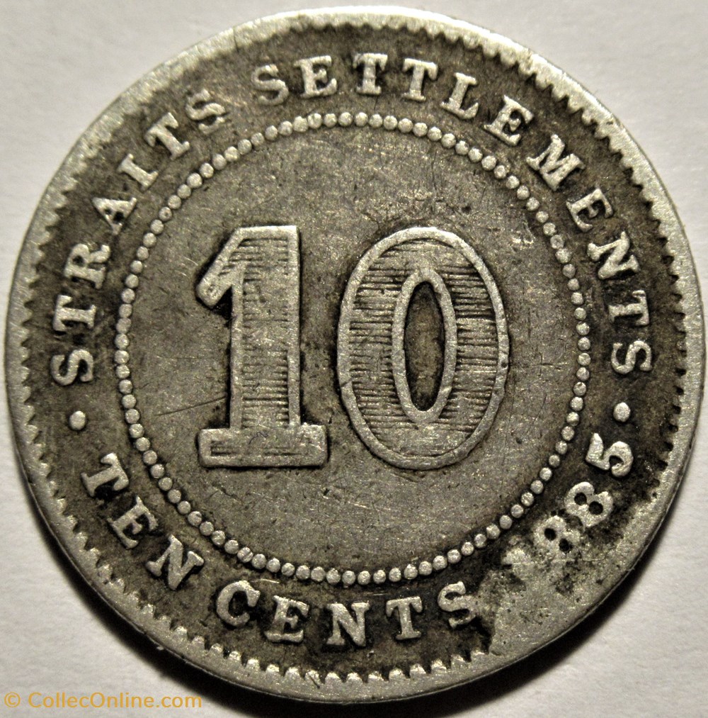 Victoria - 10 Cents 1885 - Error - Straits Settlements, Malaysia (ex.2) 3 monnaies monde malaisie victoria 10 cents 1885 error straits settlements malaysia ex 2