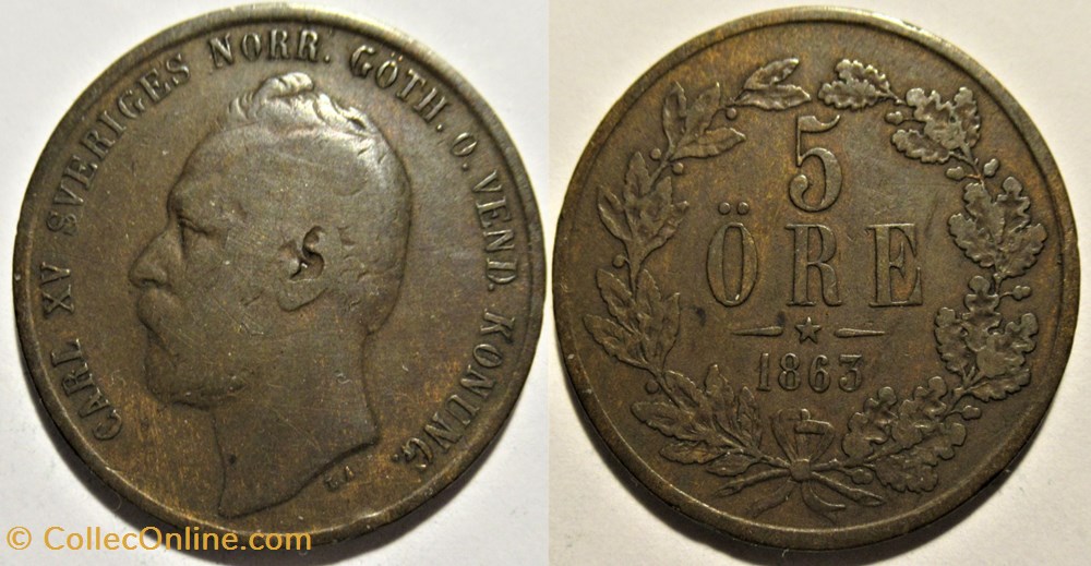 Sweden - Carl XV - 5 Öre 1863 monnaies monde suede sweden carl xv 5 ore 1863