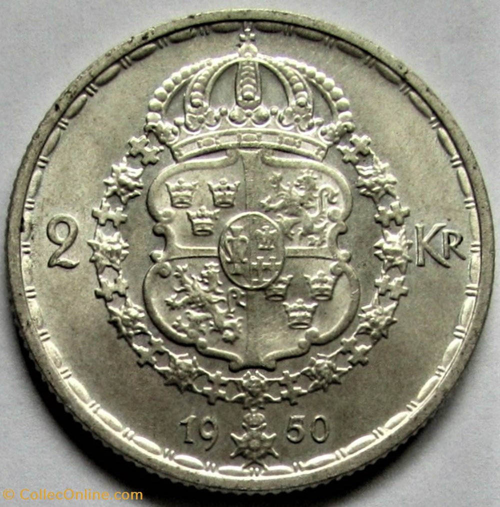 Gustaf V of Sweden - 2 Kronor 1950 - Coins - World - Edge Reeding