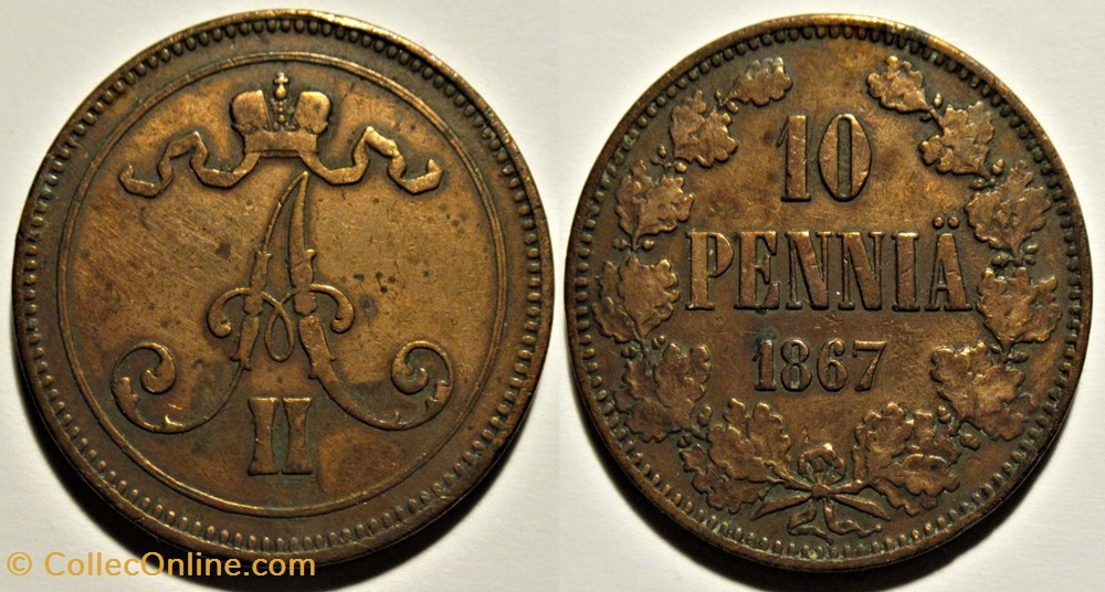 Alexander II of Russia - 10 Penniä 1867, Grand Duchy of Finland monnaies monde finlande alexander ii of russia 10 pennia 1867 grand duchy of finland