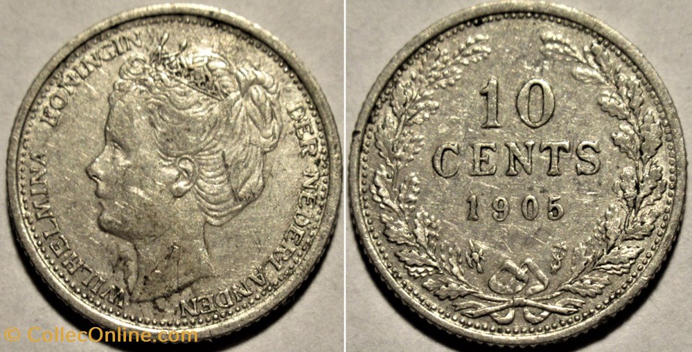 Wilhelmina of Nederland - 10 Cents 1905 monnaies monde pays bas wilhelmina of nederland 10 cents 1905