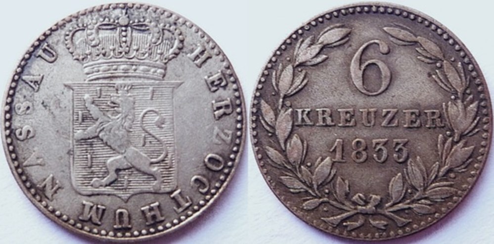 Wilhelm - 6 Kreuzer 1833 - Duchy of Nassau monnaies europe medievale saint empire romain germanique wilhelm 6 kreuzer 1833 duchy of nassau