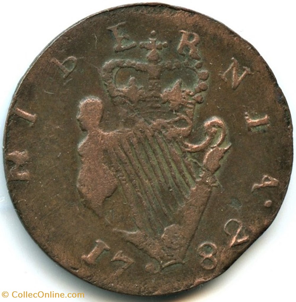 1782 Half Penny No Regal, Hibernia - George III of Great Britain (ex.3) monnaies monde irlande 1782 half penny no regal hibernia george iii of great britain ex 3