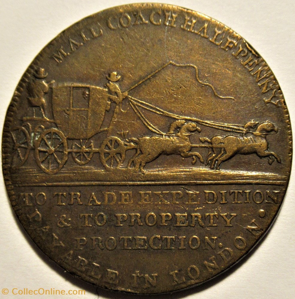 ca. 1797 HalfPenny - Palmer's Mail Coach, Middlesex, England (var) monnaies monde royaume uni ca 1797 halfpenny palmer s mail coach middlesex england var