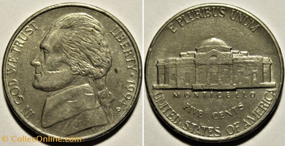 monnaies monde etats unis 1994 five cents jefferson philadelphia