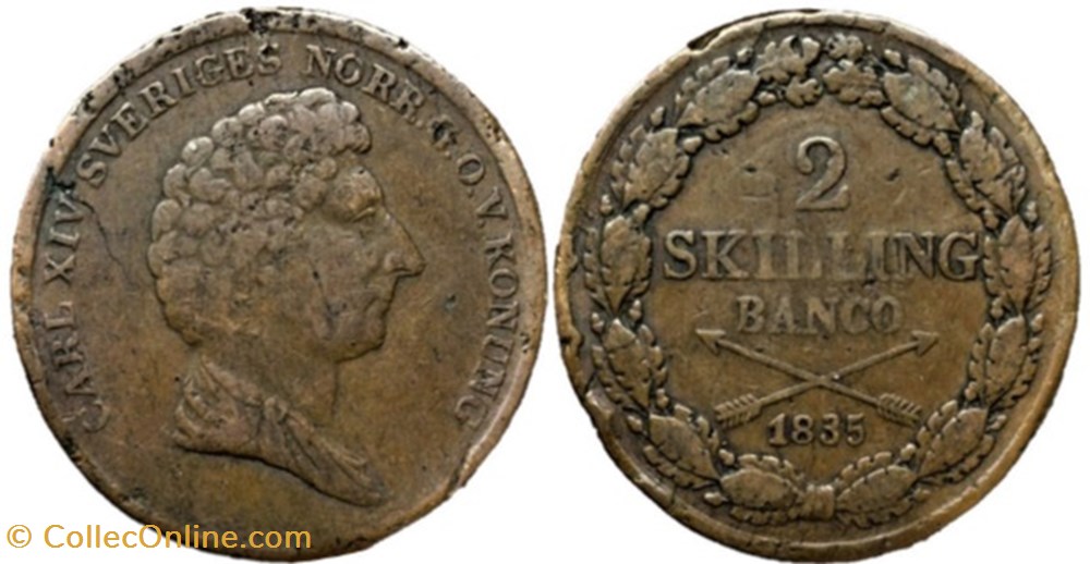 monnaies monde suede sweden karl xiv johan 2 skilling banco 1835