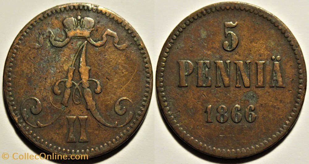 monnaies monde finlande alexander ii of russia 5 pennia 1866 grand duchy of finland 2ex