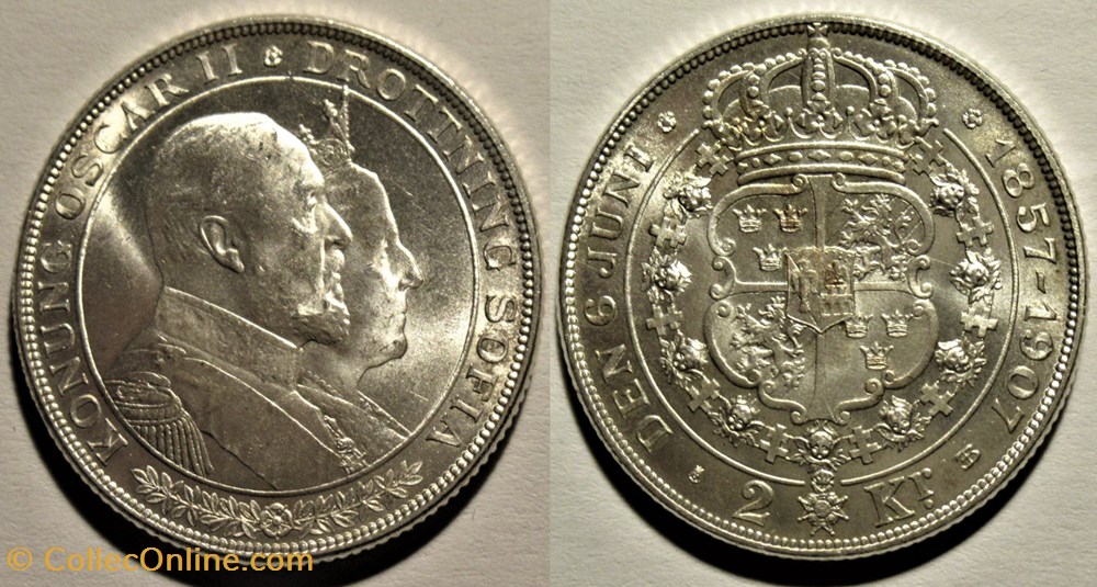 Oskar II of Sweden - 2 Kronor 1907 - Golden Wedding monnaies monde suede oskar ii of sweden 2 kronor 1907 golden wedding