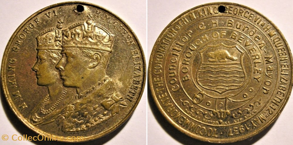 George VI & Elizabeth - 1937 Coronation Gilt Medal Beverley, UK medaille royaume uni george vi elizabeth 1937 coronation gilt medal beverley uk