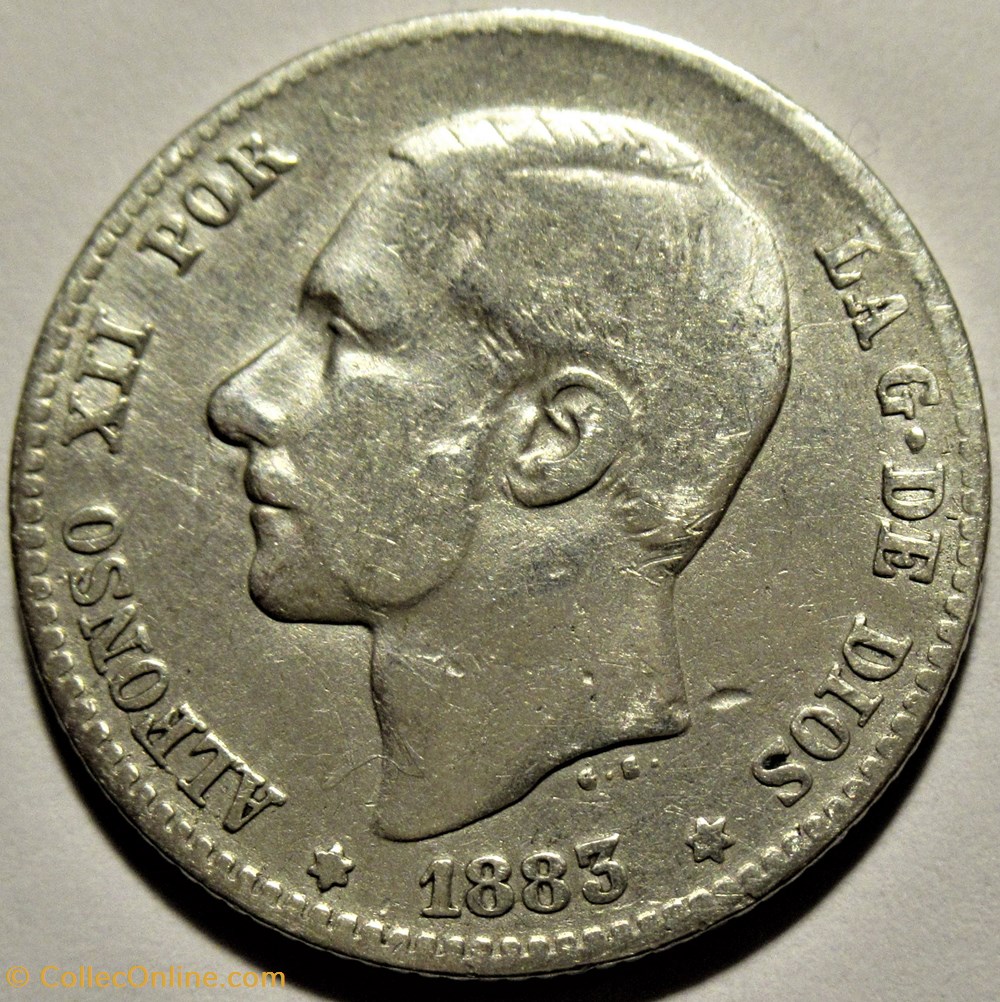 1883 - 1 Peseta - Alfonso XII de España 2 monnaies monde espagne 1883 1 peseta alfonso xii de espana
