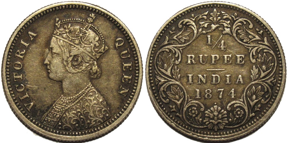 Victoria - 1/4 Rupee 1874 Calcutta - British India monnaies monde inde victoria 1 4 rupee 1874 calcutta british india